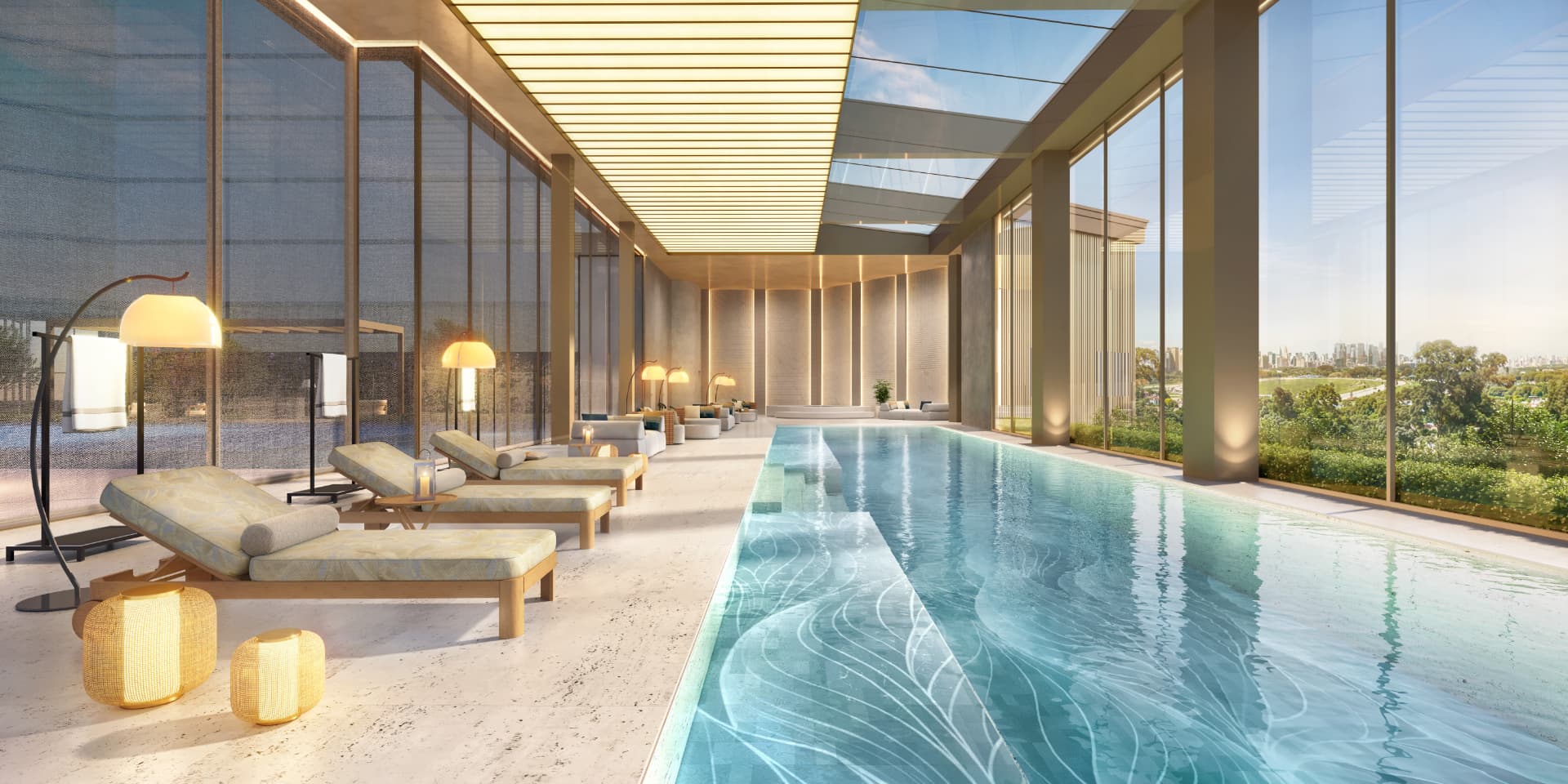 Perspectiva ilustrada · Piscina coberta · Torre Milano