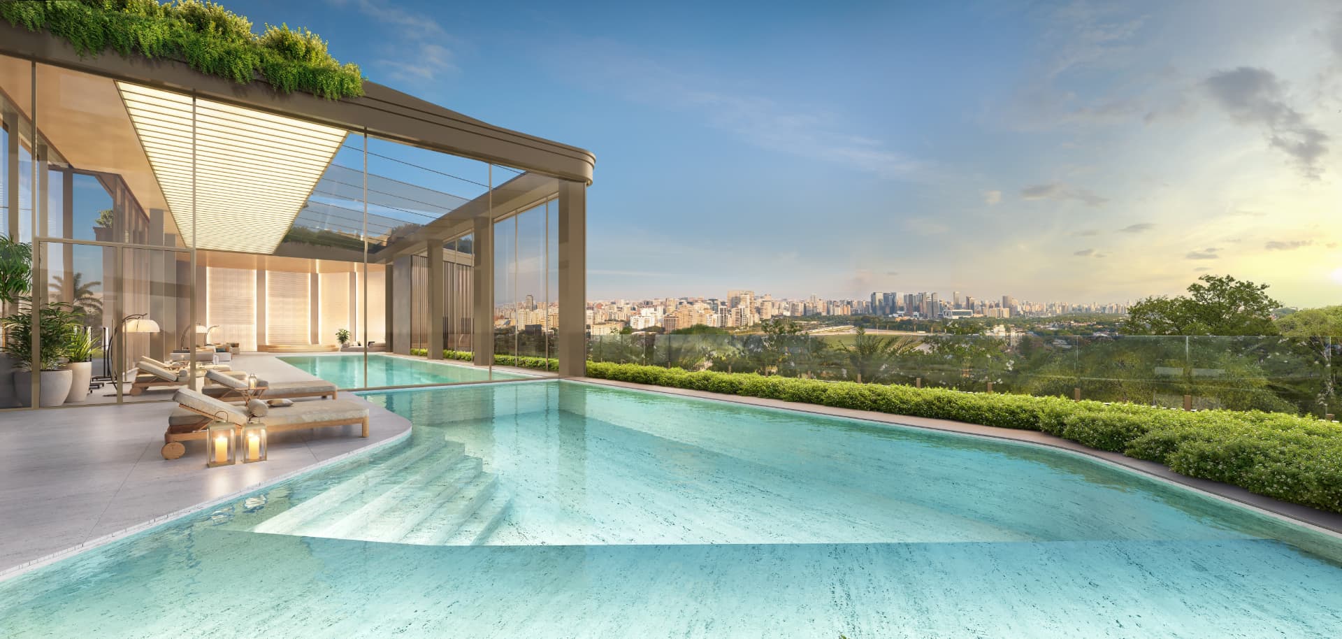 Perspectiva ilustrada · Piscina descoberta · Torre Milano